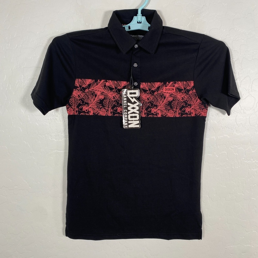 Dixxon Polo Shirt Mens XS Black Short Sleeve Floral Collared Cotton Blend New